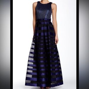 NWOT Kay Unger Navy and Black Striped Prom Dress Gown Sz 10